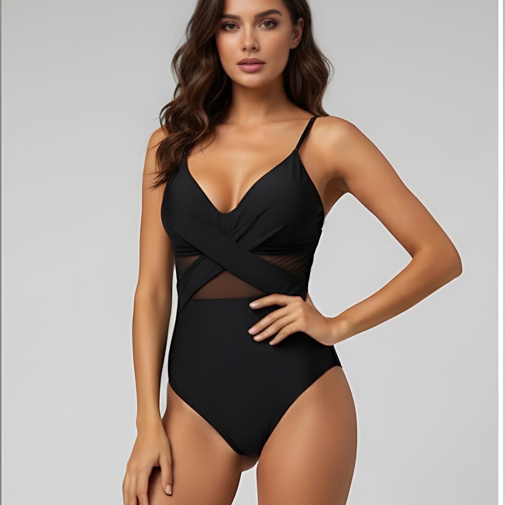 Black Contrast Mesh Wrap Front One Piece Swimsuit*